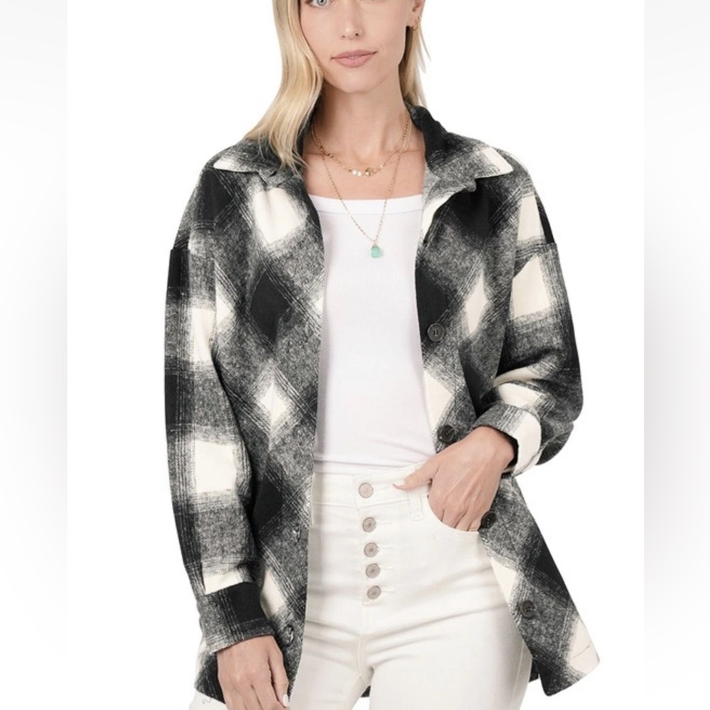 NWT ZENANA Women's Boutique Plaid Shacket Jacket Long Sleeve Shirt Top Button Up